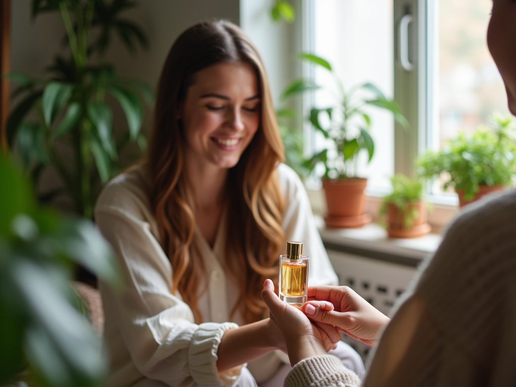 Kobieta otrzymuje małą buteleczkę perfum od osoby poza kadrem, uśmiechnięta w domowym otoczeniu.