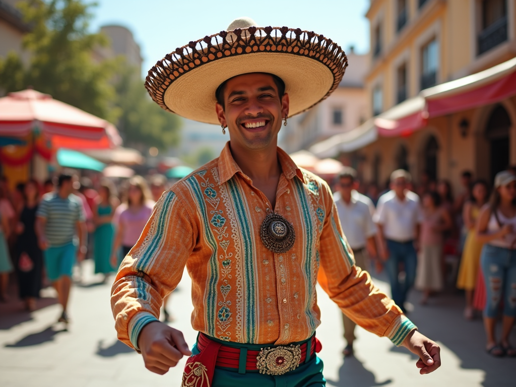 Mężczyzna w meksykańskim stroju z sombrero tańczy na ulicznym festiwalu.